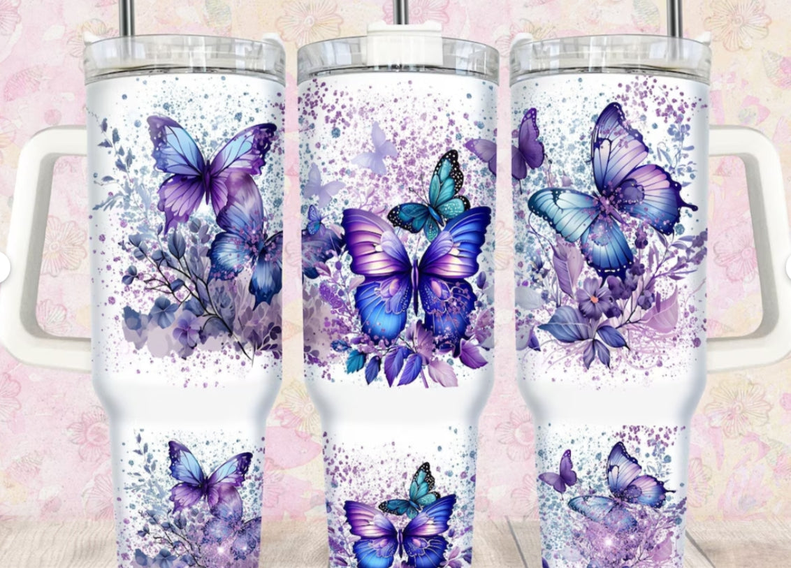40oz Stainless Steel Tumbler with Butterflies and flowers