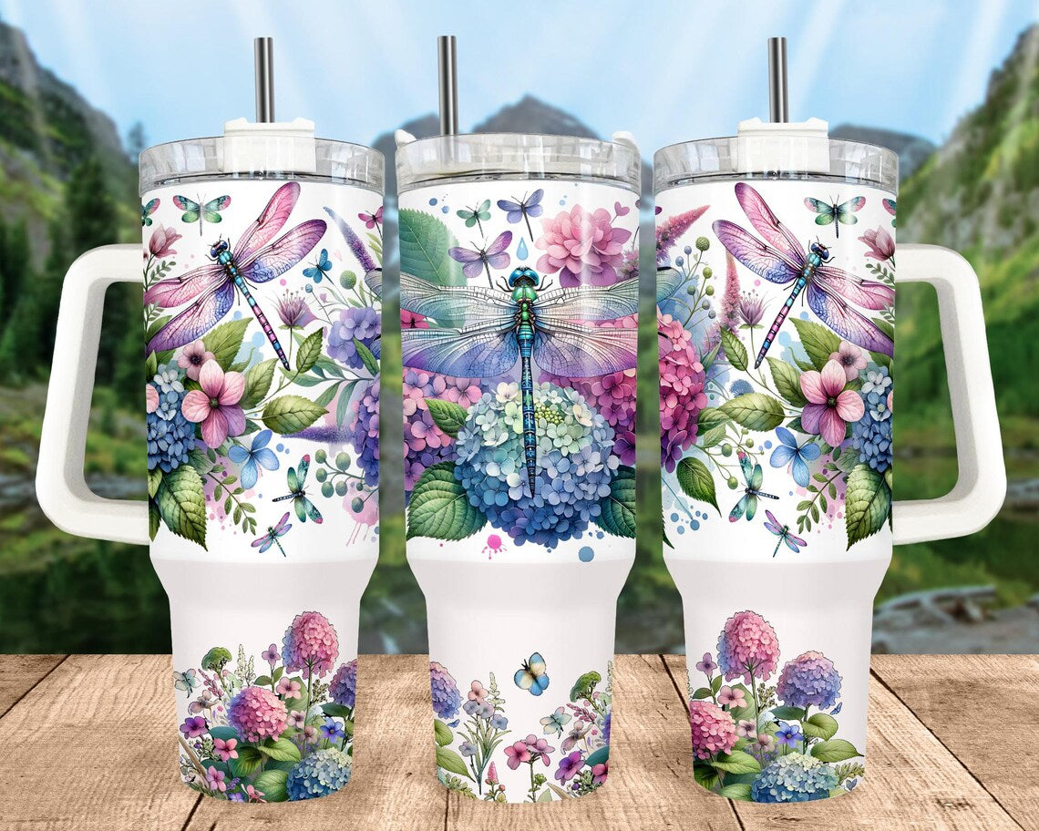 40oz Stainless Steel Tumbler with Dragonflies and flowers