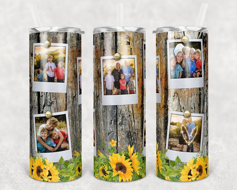 20oz Stainless Steel Tumbler with lid and Straw in "Personalized with 5 of your photos Rustic sunflowers" Design