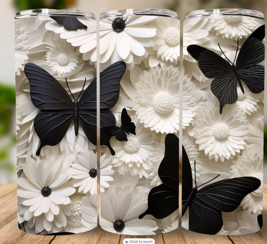 20oz Stainless Steel Tumbler with lid and Straw in "3D Butterfly and flower" Design