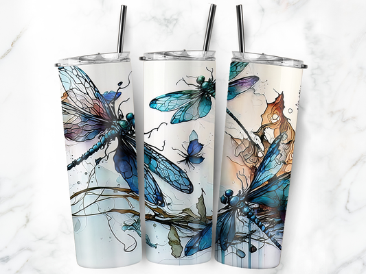 20oz Stainless Steel Tumbler with lid and Straw in "Dragonfly Inks" Design