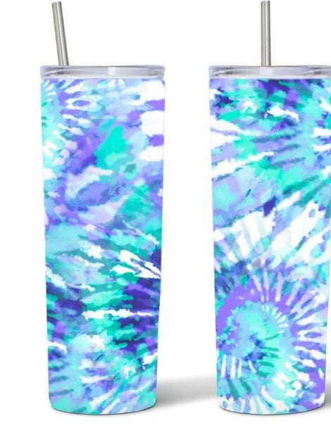 20oz Stainless Steel Tumbler with lid and Straw in "Purple and teal Tye Dye"