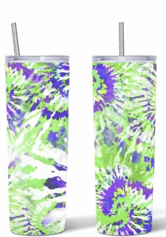 20oz Stainless Steel Tumbler with lid and Straw in "Green and Purple Tye Dye"