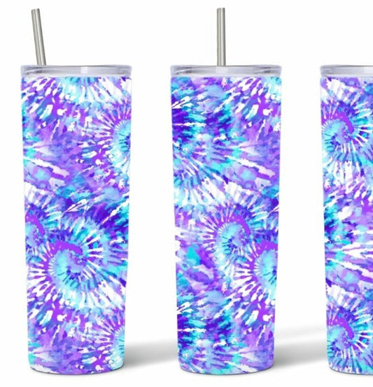 20oz Stainless Steel Tumbler with lid and Straw in "Purple and Blue Tye Dye"