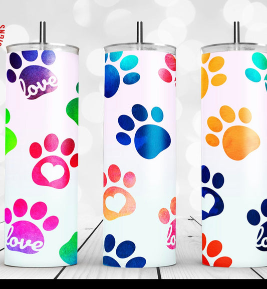 20oz Stainless Steel Tumbler with lid and Straw in "Dog Prints" Design