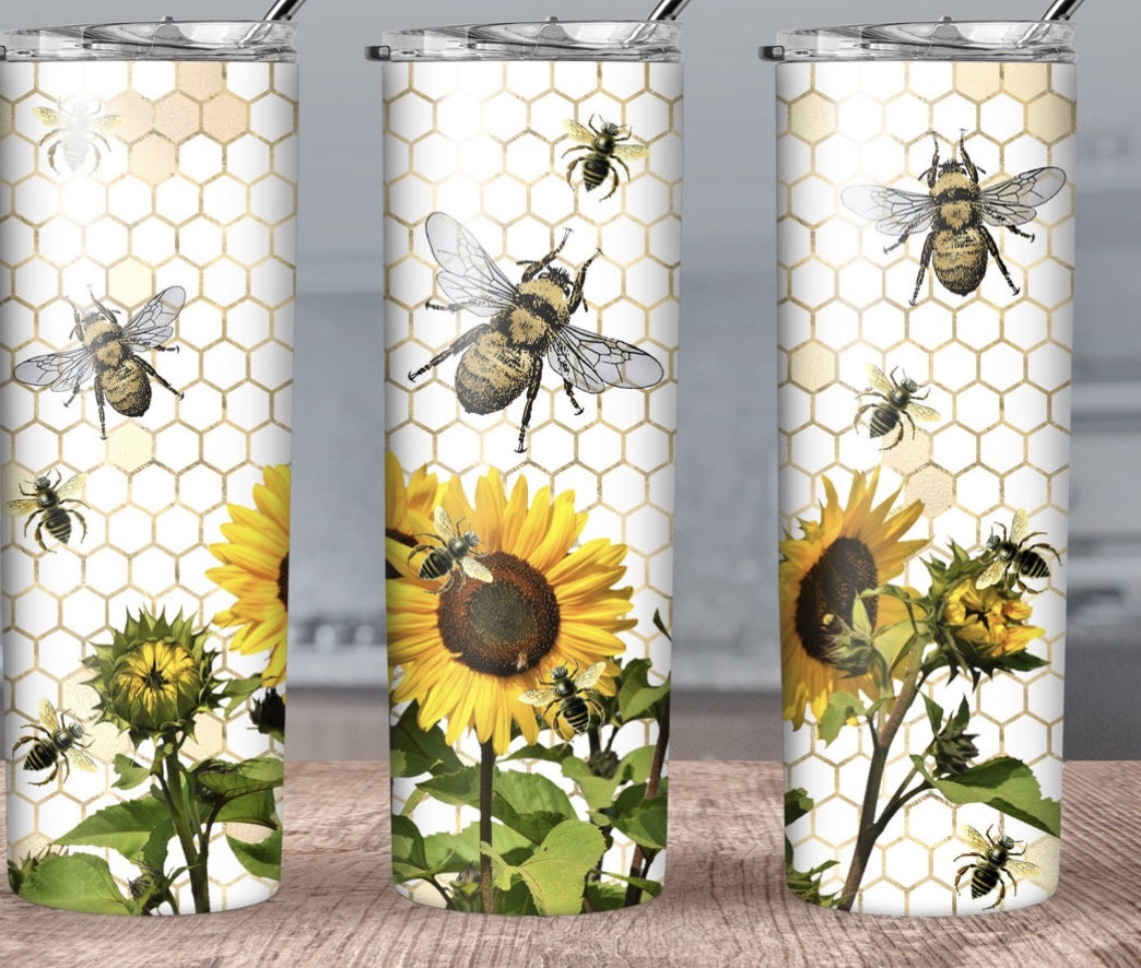 20oz Stainless Steel Tumbler with lid and Straw in "Bees and Sunflowers" Design