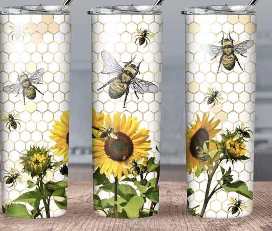 20oz Stainless Steel Tumbler with lid and Straw in "Bees and Sunflowers" Design