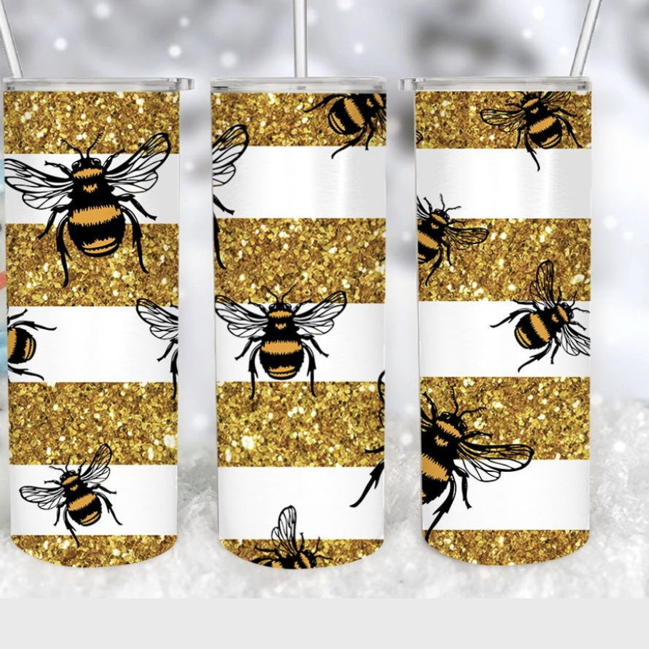 20oz Stainless Steel Tumbler with lid and Straw in "Bees" Design