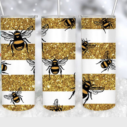 20oz Stainless Steel Tumbler with lid and Straw in "Bees" Design
