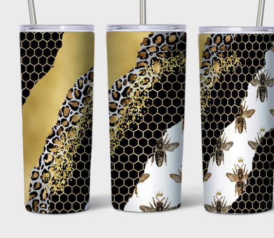 20oz Stainless Steel Tumbler with lid and Straw in "Bees and Honeycomb" Design