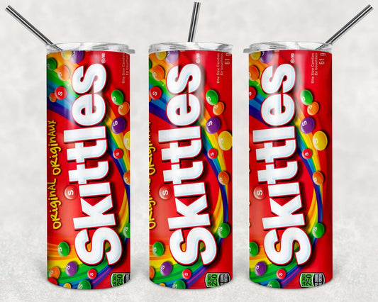 20oz Stainless Steel Tumbler with lid and Straw in " Skittles "Design