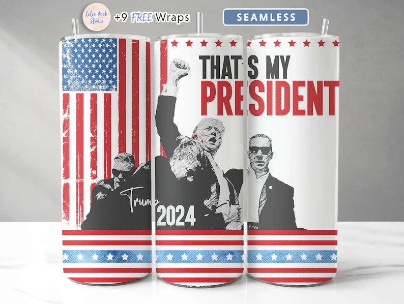 20oz Stainless Steel Tumbler with lid and Straw Designed in That's My President Trump 2024