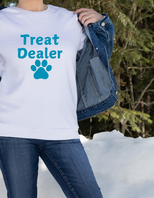 Short Sleeve T-shirt in white or grey or tan with "Treat Dealer and Paw"