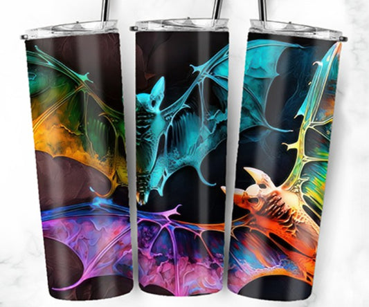 20oz Stainless Steel Tumbler with lid and Straw in "Bats Ink" Design