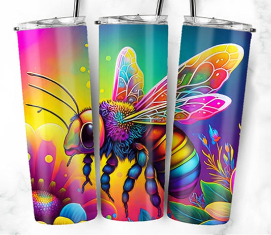 20oz Stainless Steel Tumbler with lid and Straw in "Bee Ink" Design