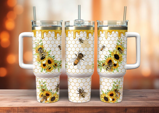 40oz Stainless Steel Tumbler with Sunflowers and Bees