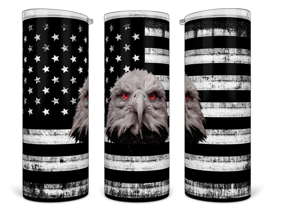 20oz Stainless Steel Tumbler with lid and Straw in "Us Flag and Eagle in Black and White"