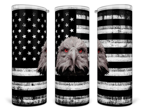 20oz Stainless Steel Tumbler with lid and Straw in "Us Flag and Eagle in Black and White"