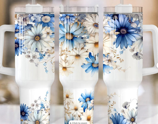 40oz Stainless Steel Tumbler with Handle and a Daisy and floral design