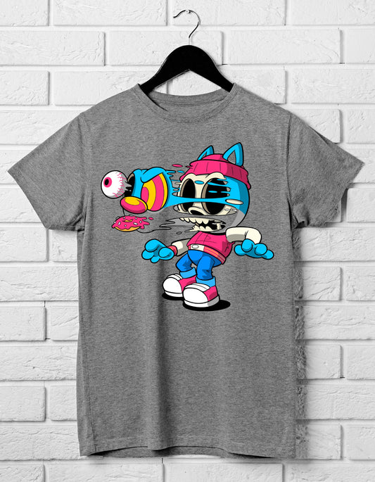 Crewneck T-shirt with Crazy Cat Design