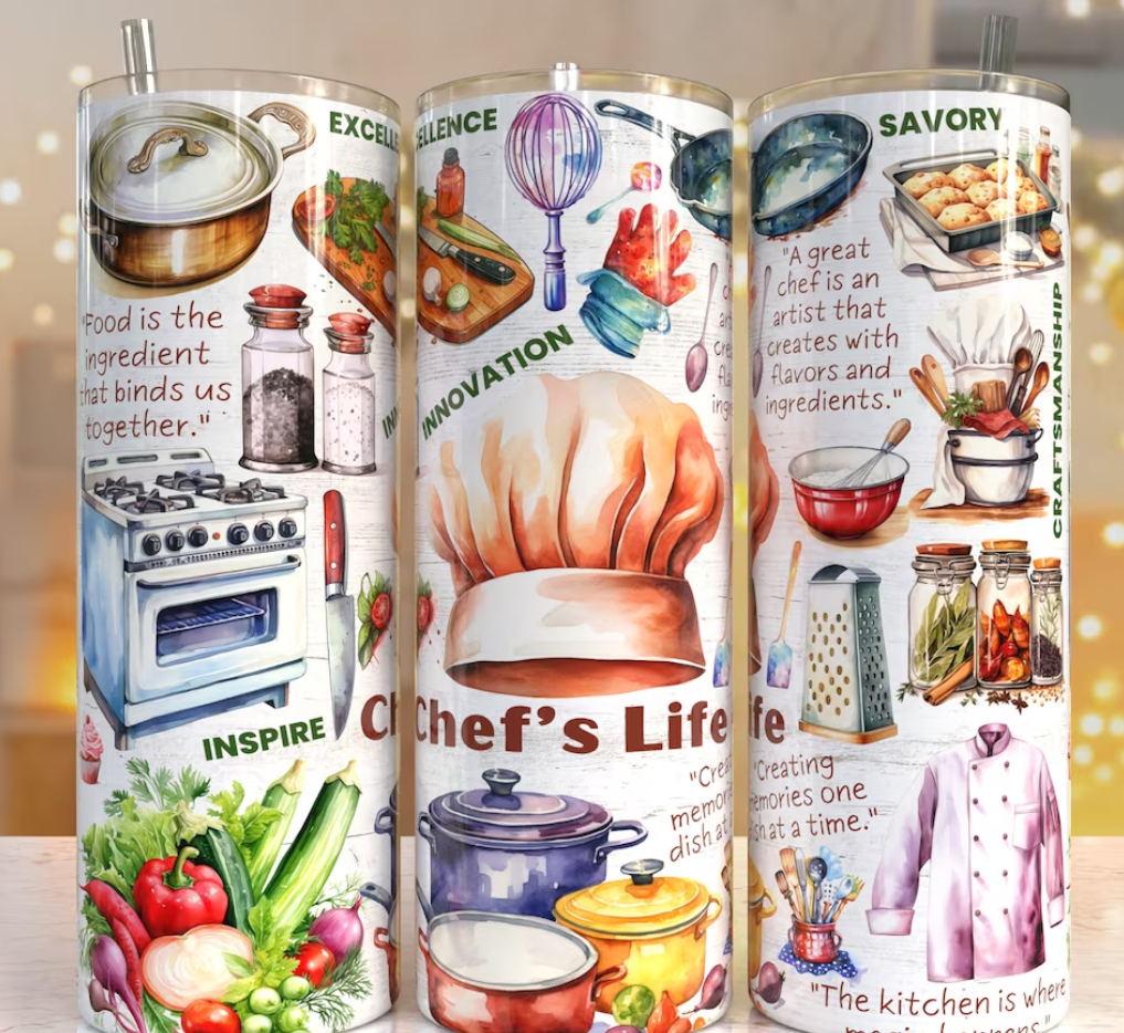 20oz Stainless Steel Tumbler with lid and Straw in " Chef" Design
