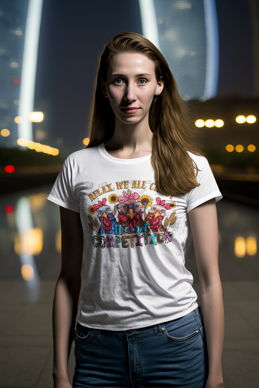 Woman's Crewneck T-shirt with "Relax we all crazy its not a competition" Design