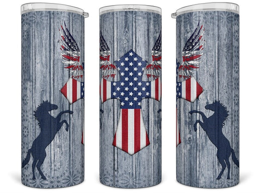 20oz Stainless Steel Tumbler with lid and Straw in "US Christian Flag"
