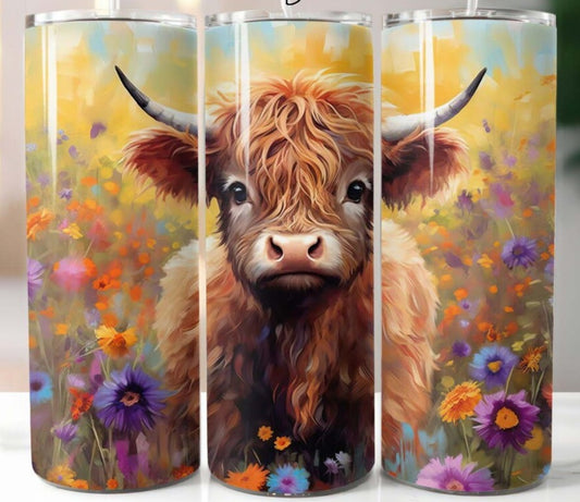 20oz Stainless Steel Tumbler with lid and Straw in "Highland Cow" Design