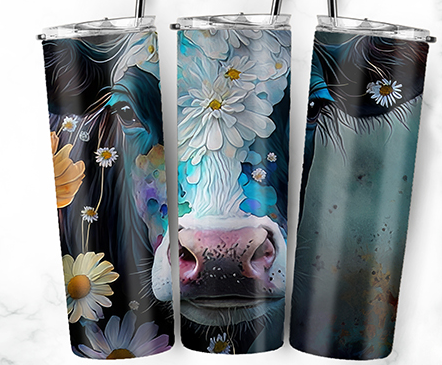 20oz Stainless Steel Tumbler with lid and Straw in "Cow Ink" Design