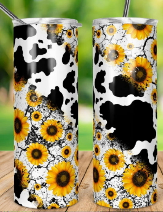 20oz Stainless Steel Tumbler with lid and Straw in "Sunflower Cow Print"  Design