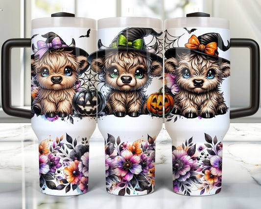 40oz Stainless Steel Tumbler with Handle and a Halloween Highland Cow design