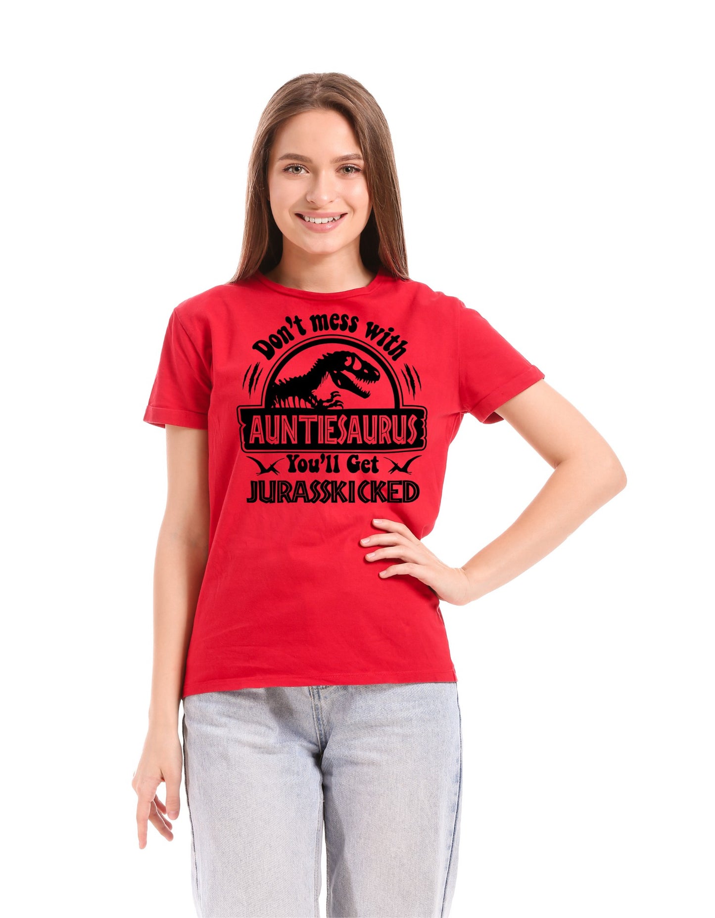 Woman's Crewneck T-shirt with "Dont mess with auntisaurus"Design