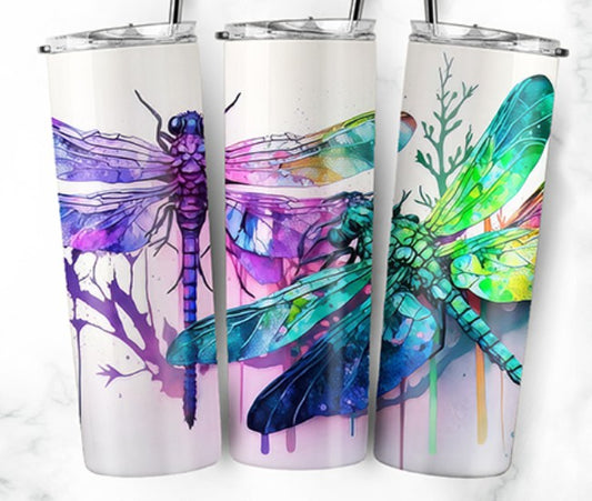20oz Stainless Steel Tumbler with lid and Straw in "Dragonfly 2 Inks" Design