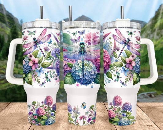 40oz Stainless Steel Tumbler with Dragonflies and flowers