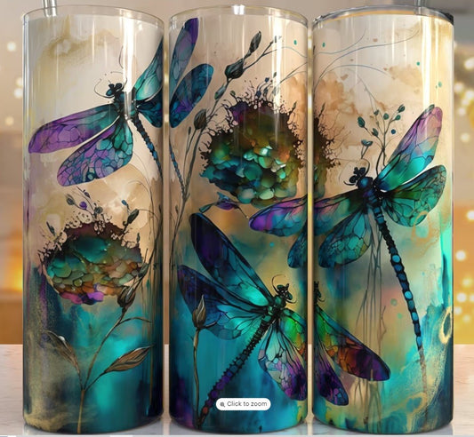 20oz Stainless Steel Tumbler with lid and Straw in "Dragonfly 3 Inks" Design