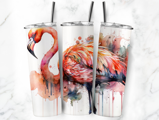 20oz Stainless Steel Tumbler with lid and Straw in "Flamingo Ink" Design