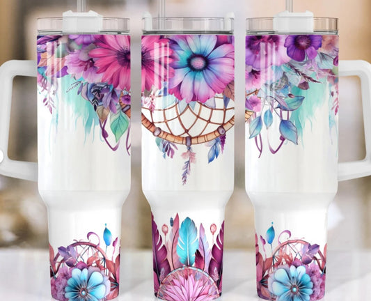 40oz Stainless Steel Tumbler with Handle and a Pink Floral design