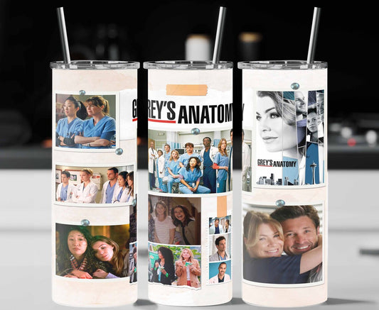 20oz Stainless Steel Tumbler with lid and Straw in "Greys Anatomy" Design