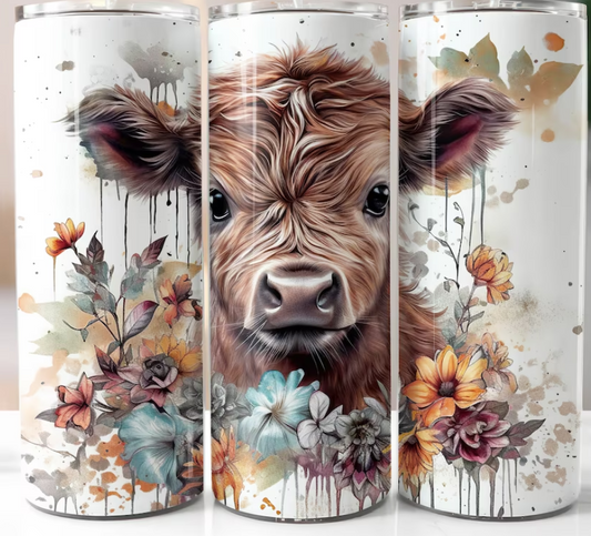 20oz Stainless Steel Tumbler with lid and Straw in "Highland Cow" Design