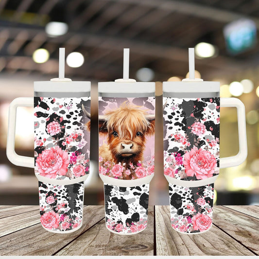 40oz Stainless Steel Tumbler with Highland Cow and Pink Flowers