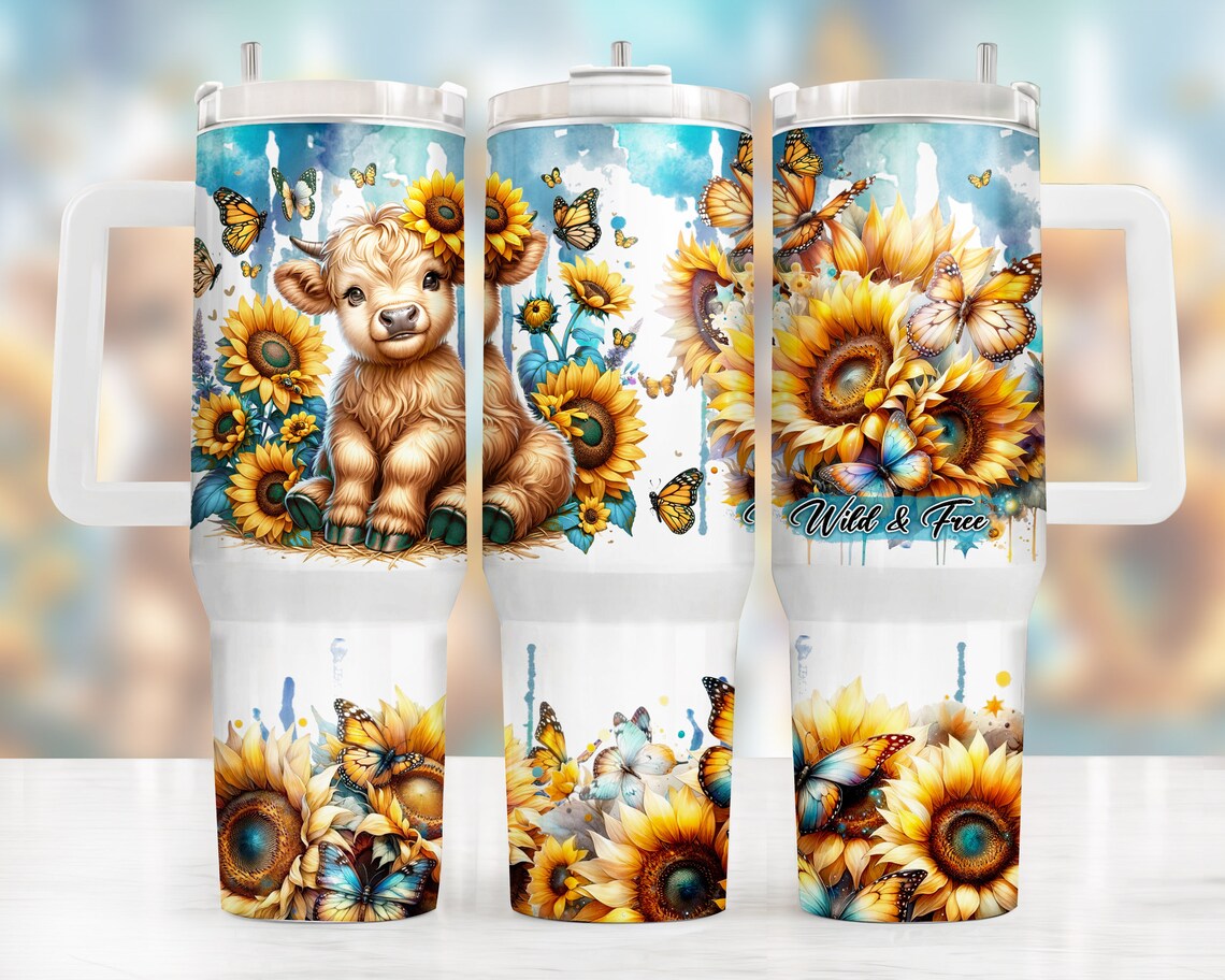 40oz Stainless Steel Tumbler with Highland Cow and Sunflowers