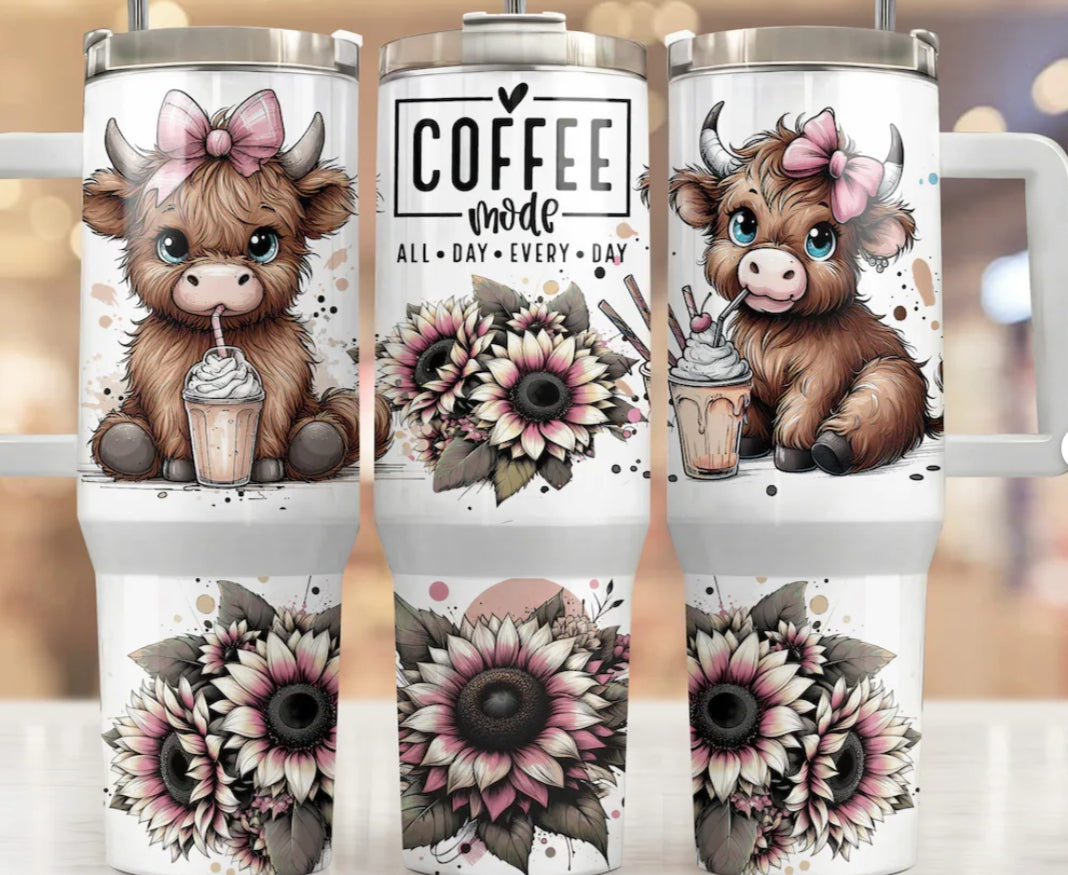 40oz Stainless Steel Tumbler with Highland Cow Drinking Coffee