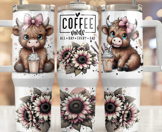 40oz Stainless Steel Tumbler with Highland Cow Drinking Coffee