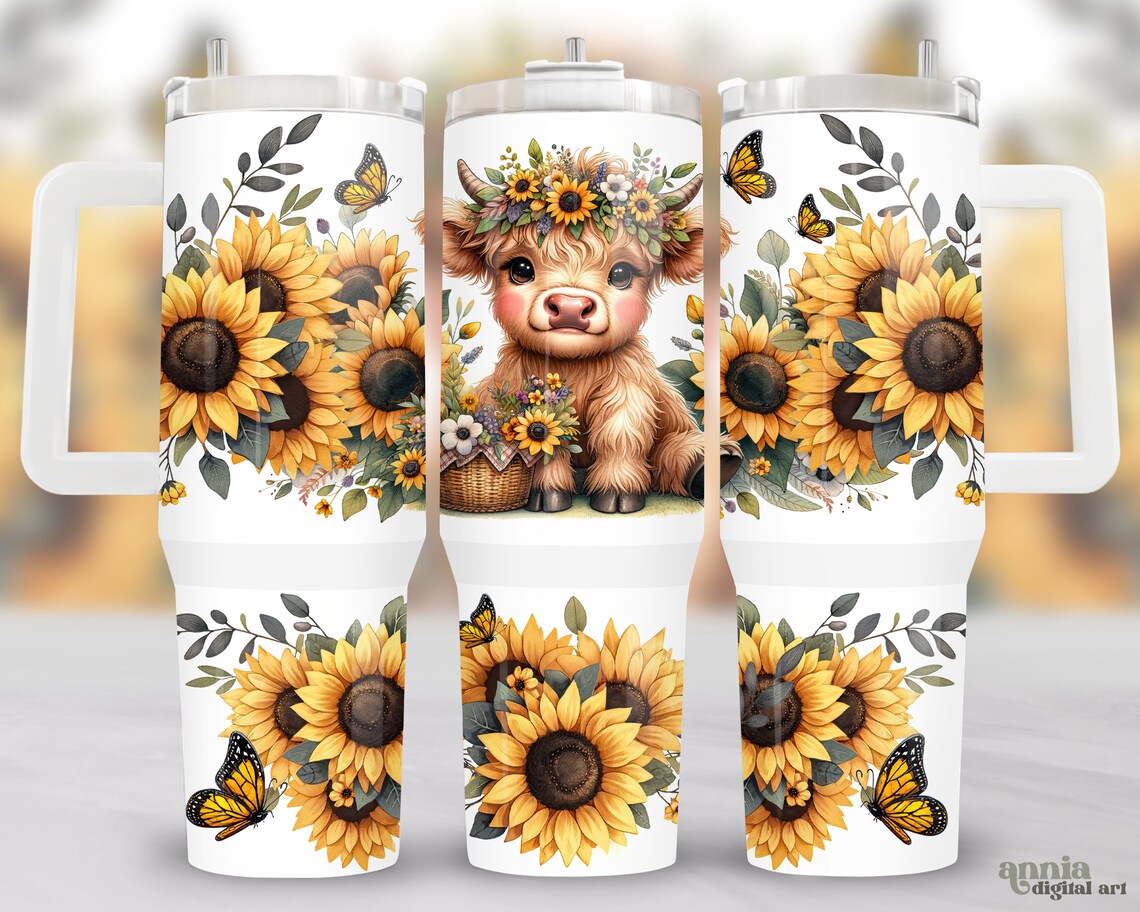 40oz Stainless Steel Tumbler with Highland Cow and Sunflowers