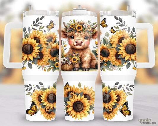 40oz Stainless Steel Tumbler with Highland Cow and Sunflowers