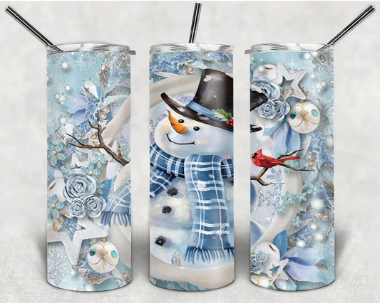 20oz Stainless Steel Tumbler with lid and Straw in "Christmas Snowman" Design