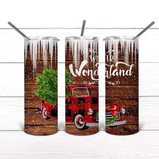 20oz Stainless Steel Tumbler with lid and Straw in " Winter wonderland Christmas" Design