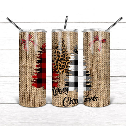 20oz Stainless Steel Tumbler with lid and Straw in "Burlap Tree Christmas" Design