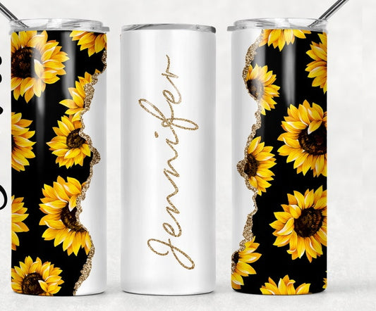20oz Stainless Steel Tumbler with lid and Straw in "Personalized with your name Sunflowers"