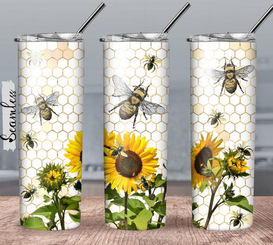 20oz Stainless Steel Tumbler with lid and Straw in " Bees and Sunflowers"Design